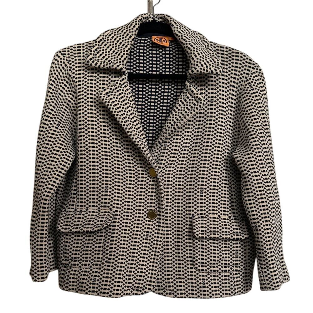 Tory Burch Geometric Jacquard Knit Blazer Jacket - Navy & Ivory - Size XL